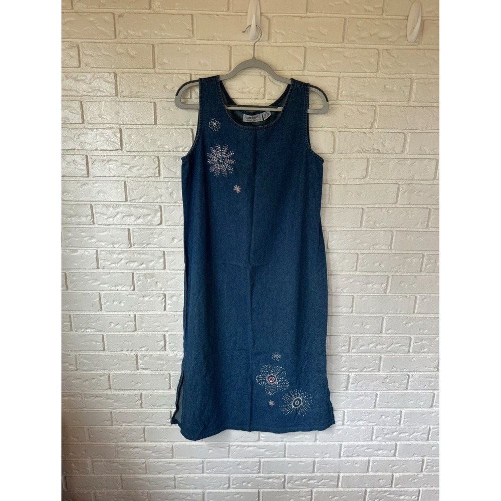 VTG Jane Ashley Womens Boho 90s Denim Dress Floral Embr Cotton Sz M SEE PIC FLAW